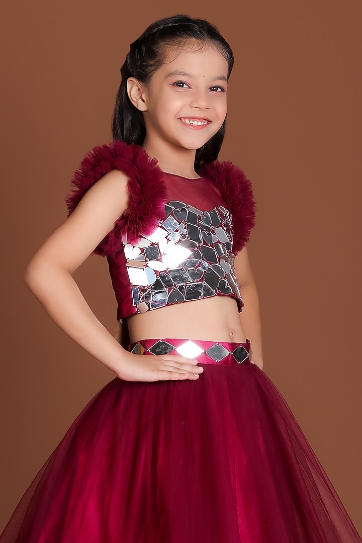 Maroon Net & Satin Mirror Embellished Lehenga Set For Girls by Devykids at Pernia's Pop Up Shop