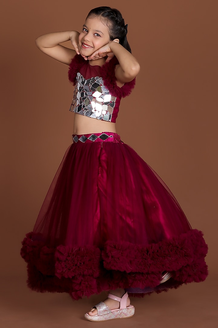 Maroon Net & Satin Mirror Embellished Lehenga Set For Girls by Devykids at Pernia's Pop Up Shop