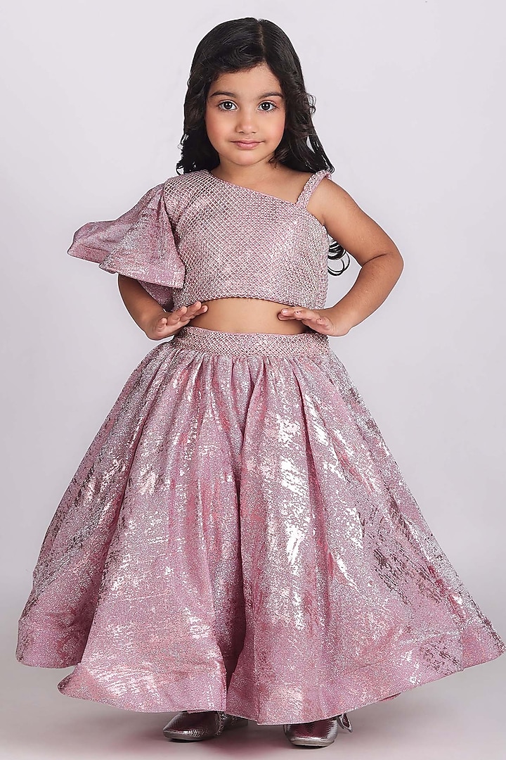 Shimmery Pink Organza Flared Lehenga Set For Girls by Devykids at Pernia's Pop Up Shop