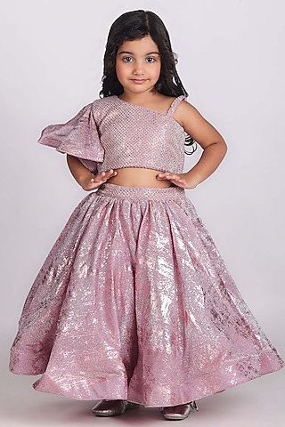 Shimmery Pink Organza Flared Lehenga Set For Girls by Devykids