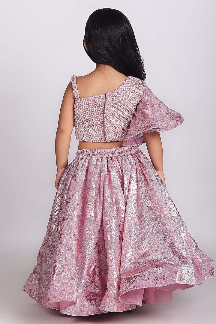Shimmery Pink Organza Flared Lehenga Set For Girls by Devykids at Pernia's Pop Up Shop