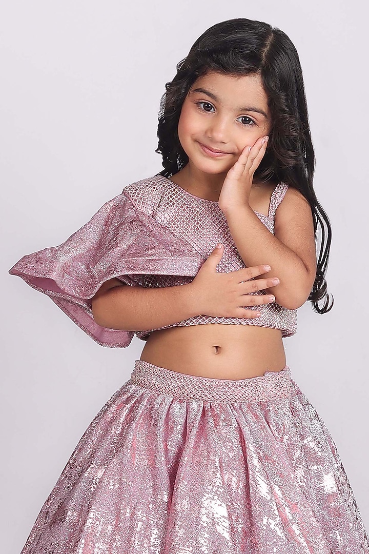 Shimmery Pink Organza Flared Lehenga Set For Girls by Devykids at Pernia's Pop Up Shop