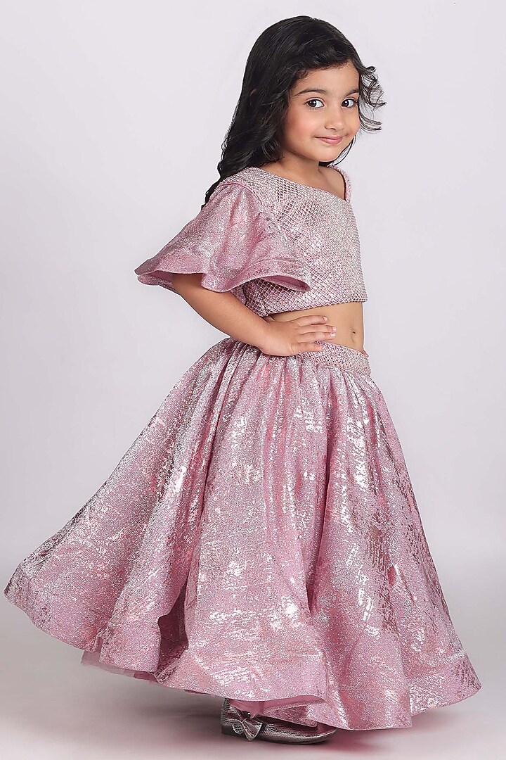 Shimmery Pink Organza Flared Lehenga Set For Girls by Devykids at Pernia's Pop Up Shop