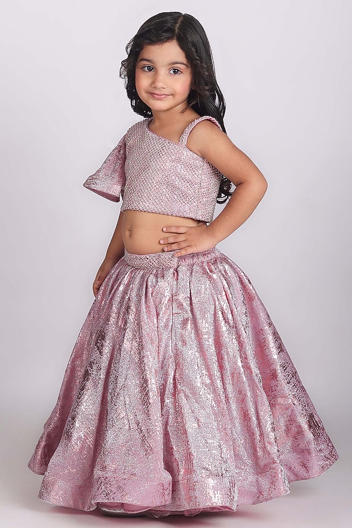 Shimmery Pink Organza Flared Lehenga Set For Girls by Devykids at Pernia's Pop Up Shop