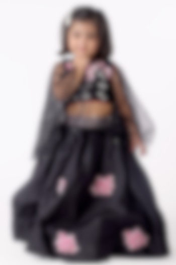 Black Satin & Silk Blend Floral Embroidered Lehenga Set For Girls by Devykids at Pernia's Pop Up Shop
