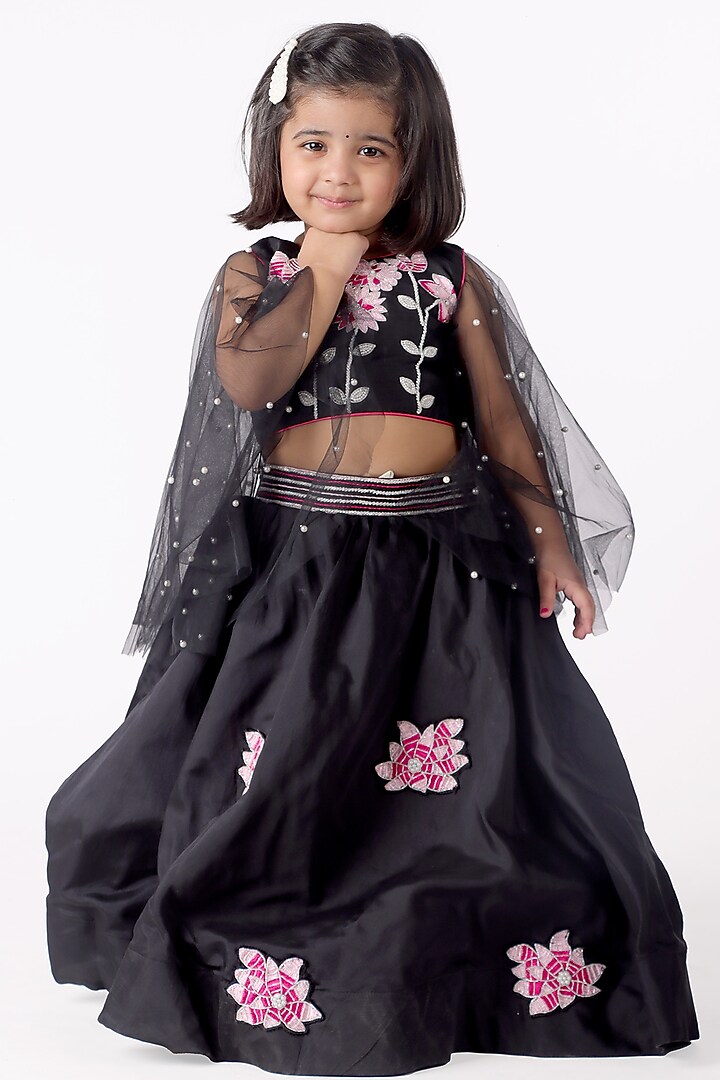 Black Satin & Silk Blend Floral Embroidered Lehenga Set For Girls by Devykids at Pernia's Pop Up Shop