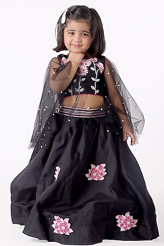 Black Satin & Silk Blend Floral Embroidered Lehenga Set For Girls by Devykids