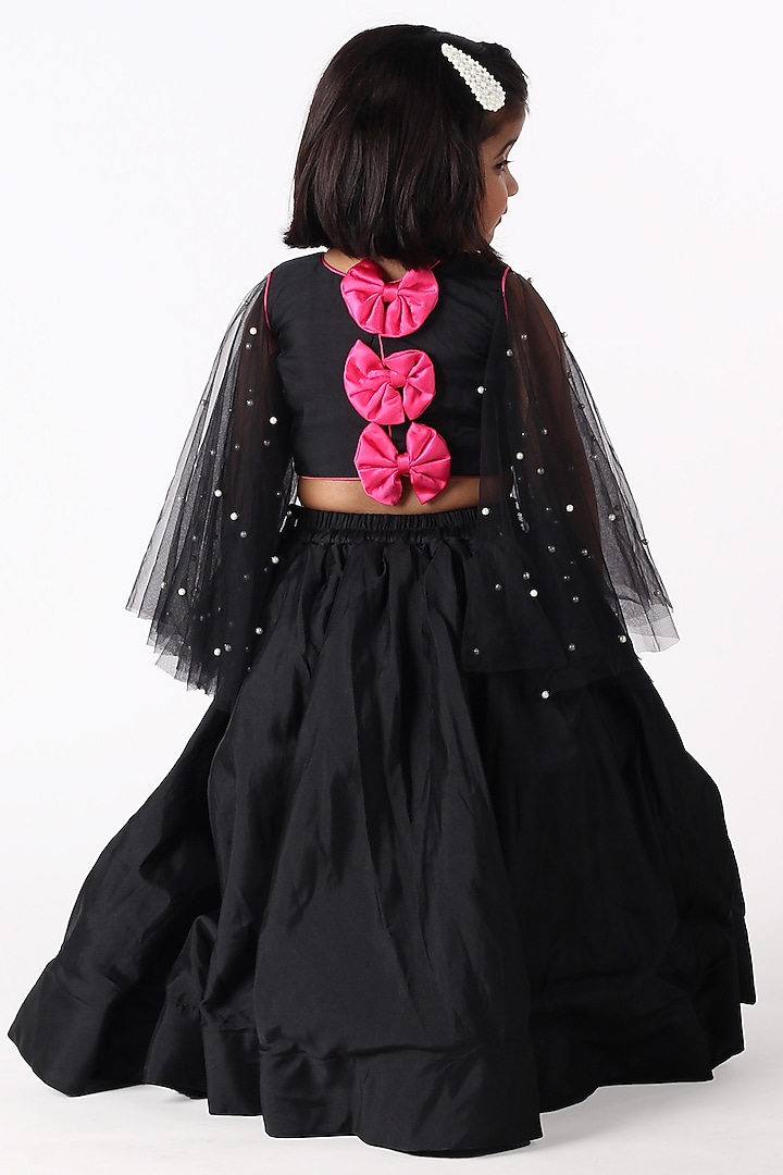 Black Satin & Silk Blend Floral Embroidered Lehenga Set For Girls by Devykids at Pernia's Pop Up Shop