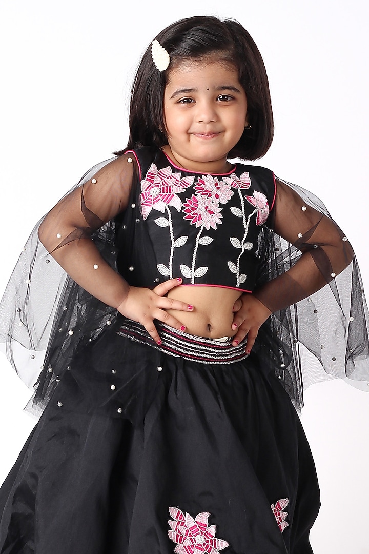 Black Satin & Silk Blend Floral Embroidered Lehenga Set For Girls by Devykids at Pernia's Pop Up Shop