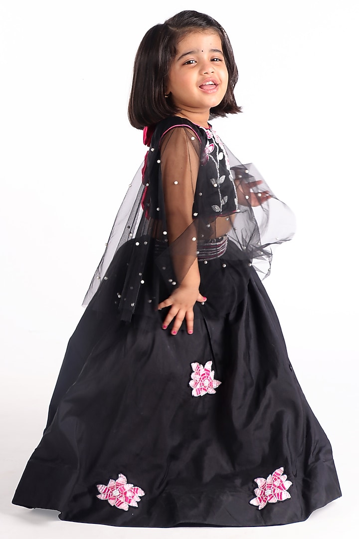Black Satin & Silk Blend Floral Embroidered Lehenga Set For Girls by Devykids at Pernia's Pop Up Shop