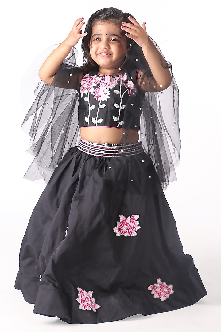 Black Satin & Silk Blend Floral Embroidered Lehenga Set For Girls by Devykids at Pernia's Pop Up Shop