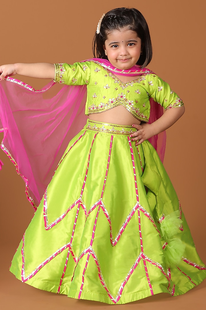 Lime Green Silk & Raw Silk Sequin Embroidered Lehenga Set For Girls by Devykids at Pernia's Pop Up Shop