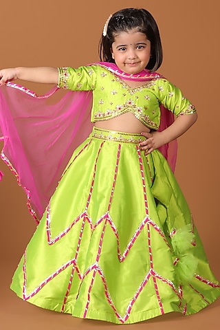 Lime Green Silk & Raw Silk Sequin Embroidered Lehenga Set For Girls by Devykids