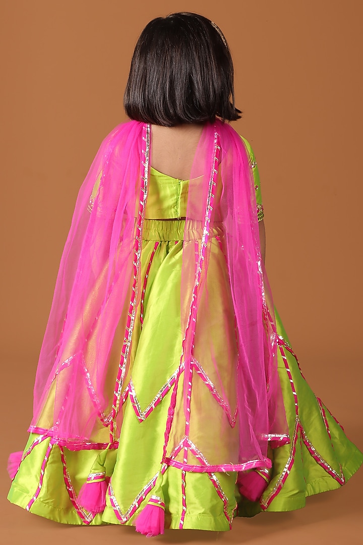 Lime Green Silk & Raw Silk Sequin Embroidered Lehenga Set For Girls by Devykids at Pernia's Pop Up Shop