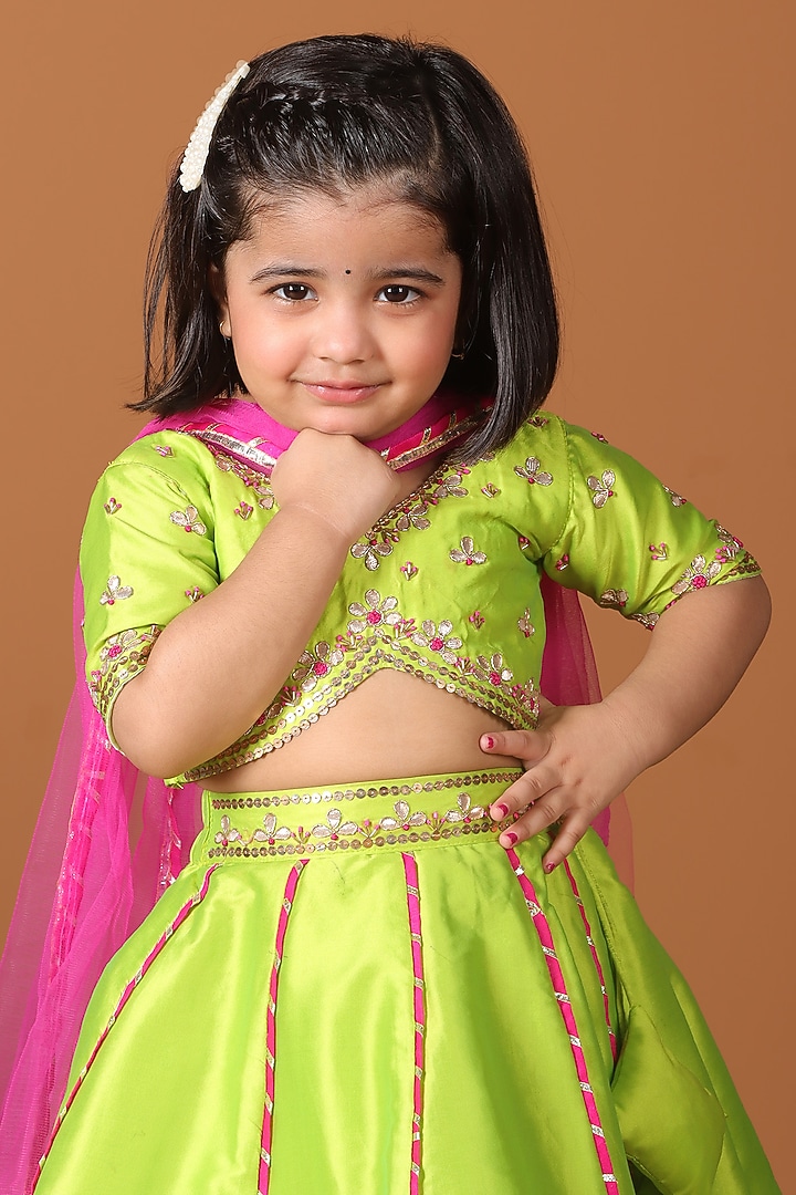 Lime Green Silk & Raw Silk Sequin Embroidered Lehenga Set For Girls by Devykids at Pernia's Pop Up Shop