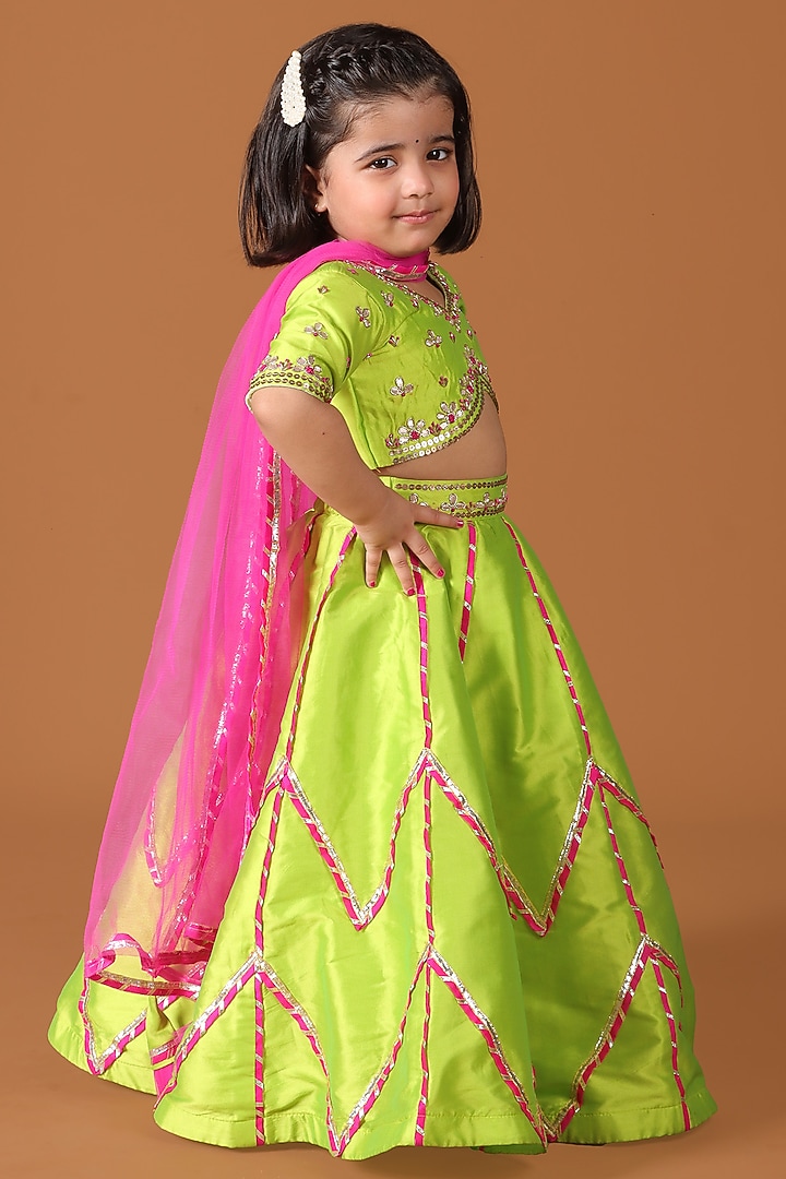Lime Green Silk & Raw Silk Sequin Embroidered Lehenga Set For Girls by Devykids at Pernia's Pop Up Shop