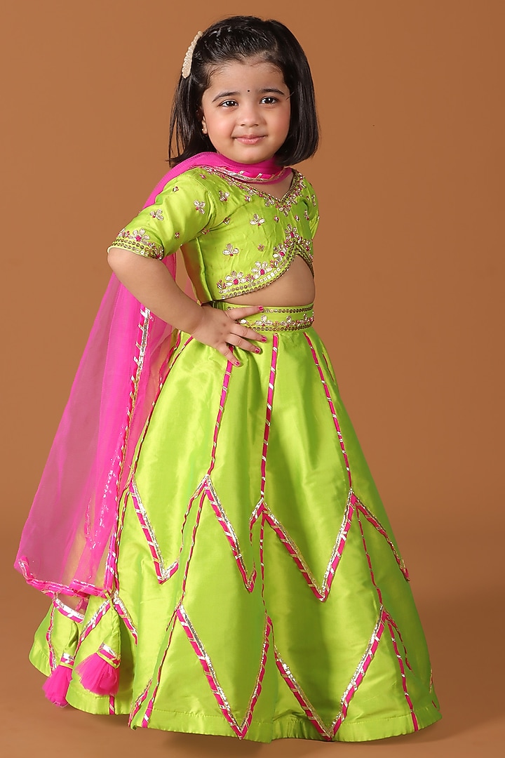 Lime Green Silk & Raw Silk Sequin Embroidered Lehenga Set For Girls by Devykids at Pernia's Pop Up Shop