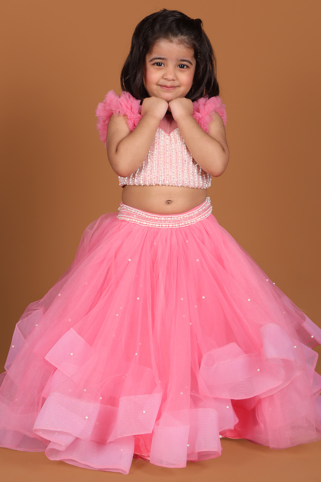 Peach Soft Net & Satin Layered Lehenga Set For Girls by Devykids at Pernia's Pop Up Shop