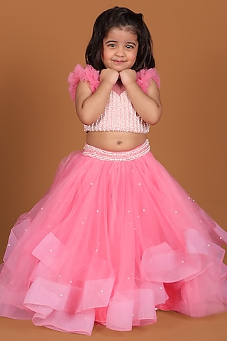 Peach Soft Net & Satin Layered Lehenga Set For Girls by Devykids