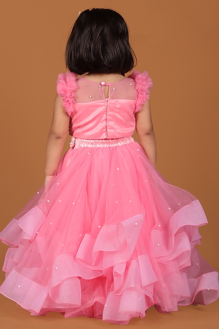 Peach Soft Net & Satin Layered Lehenga Set For Girls by Devykids at Pernia's Pop Up Shop