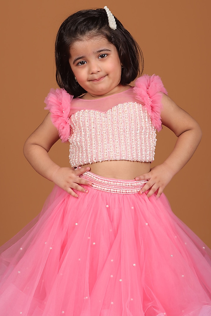 Peach Soft Net & Satin Layered Lehenga Set For Girls by Devykids at Pernia's Pop Up Shop