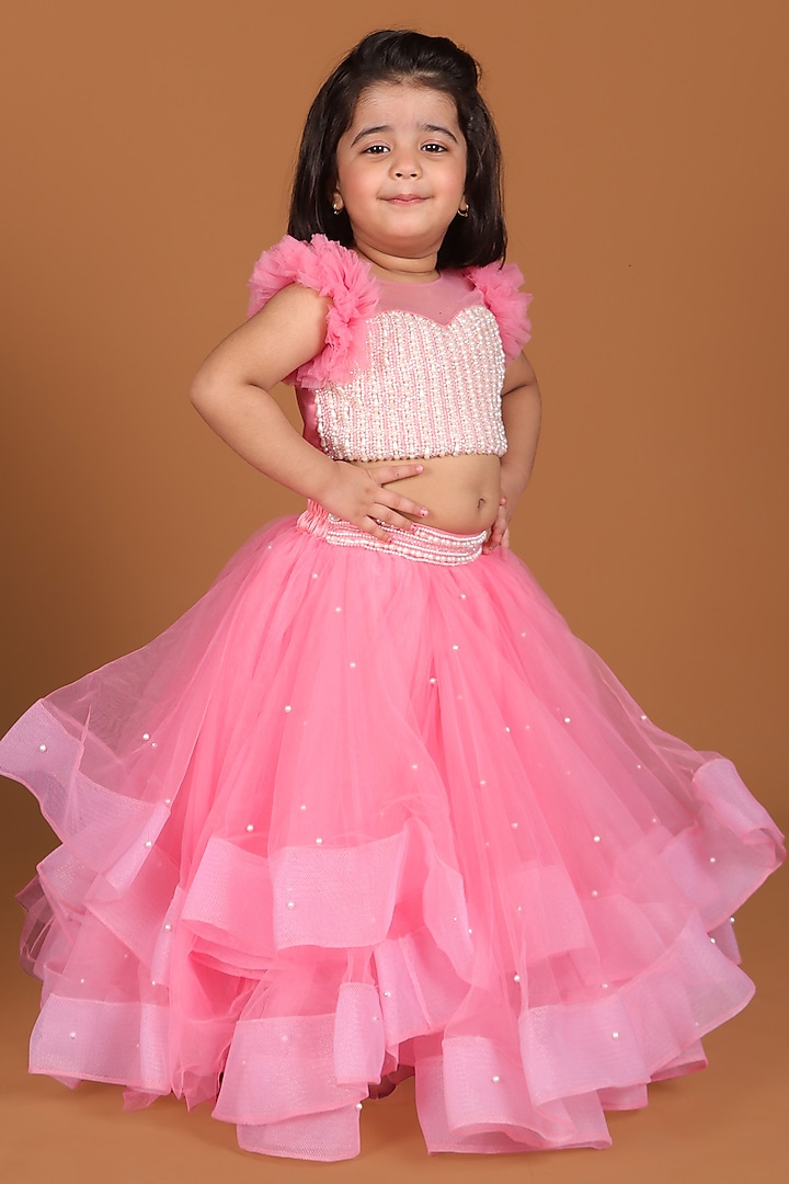 Peach Soft Net & Satin Layered Lehenga Set For Girls by Devykids at Pernia's Pop Up Shop