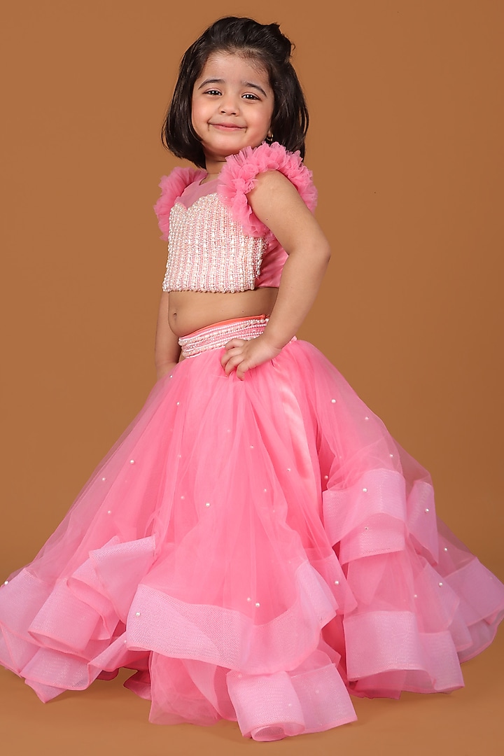 Peach Soft Net & Satin Layered Lehenga Set For Girls by Devykids at Pernia's Pop Up Shop
