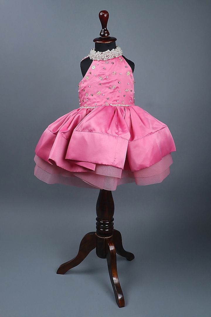 Baby Pink Satin & Organza Gold Embellished Dress For Girls by Devykids at Pernia's Pop Up Shop