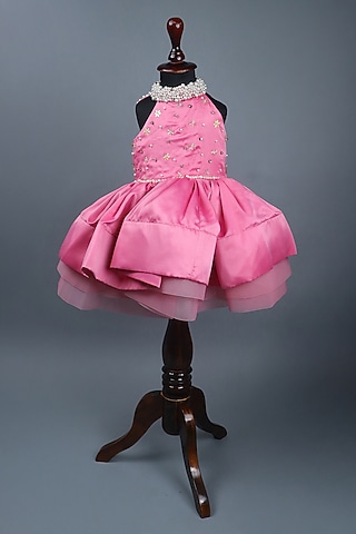 Baby Pink Satin & Organza Gold Embellished Dress For Girls by Devykids