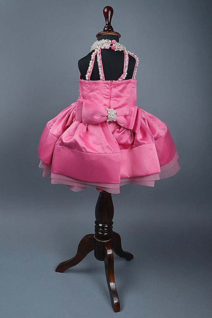 Baby Pink Satin & Organza Gold Embellished Dress For Girls by Devykids at Pernia's Pop Up Shop