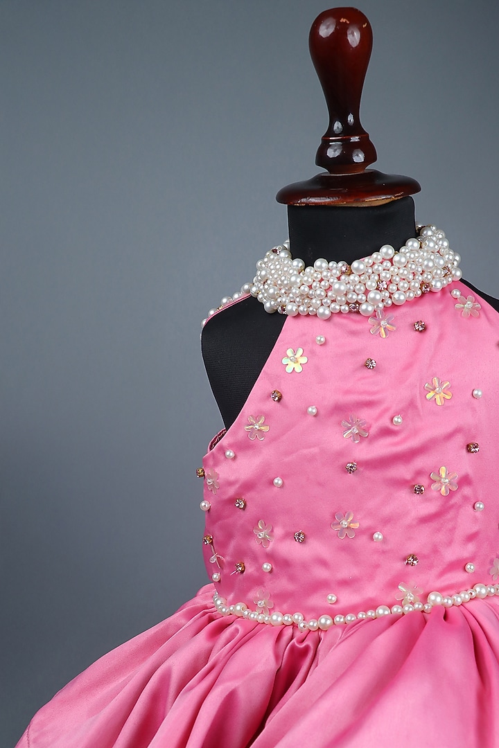 Baby Pink Satin & Organza Gold Embellished Dress For Girls by Devykids at Pernia's Pop Up Shop