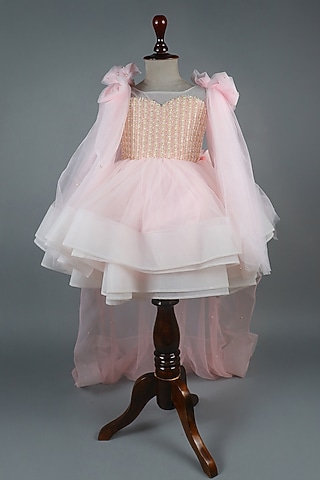 Pastel Pink Net & Organza Gold Embellished Layered Dress For Girls by Devykids