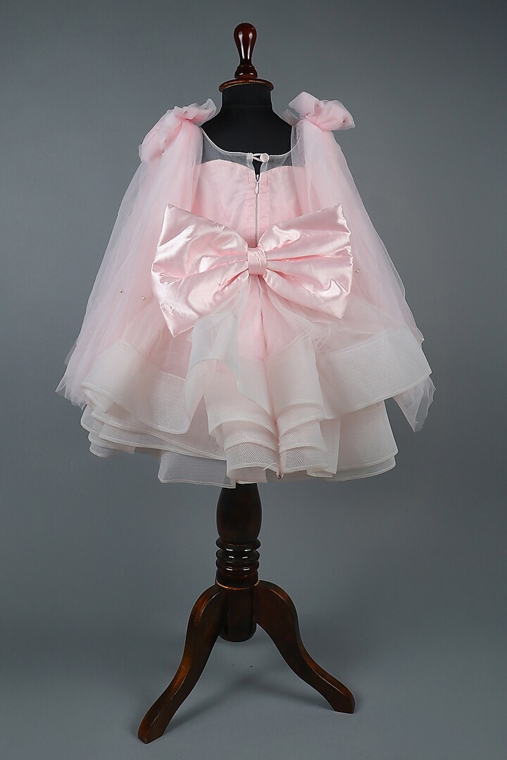 Pastel Pink Net & Organza Gold Embellished Layered Dress For Girls by Devykids at Pernia's Pop Up Shop