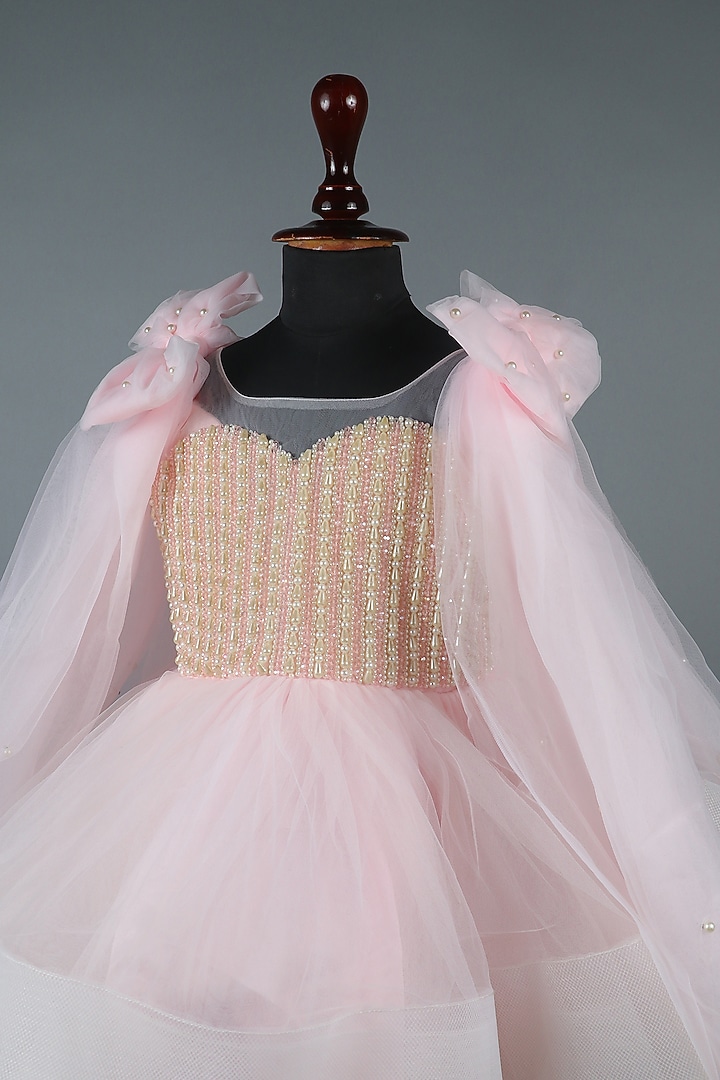 Pastel Pink Net & Organza Gold Embellished Layered Dress For Girls by Devykids at Pernia's Pop Up Shop