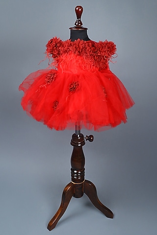 Red Soft Net & Organza Floral Layered Dress For Girls by Devykids
