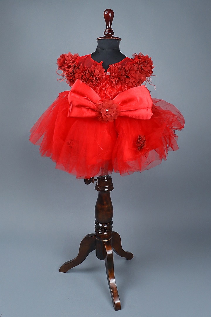 Red Soft Net & Organza Floral Layered Dress For Girls by Devykids at Pernia's Pop Up Shop