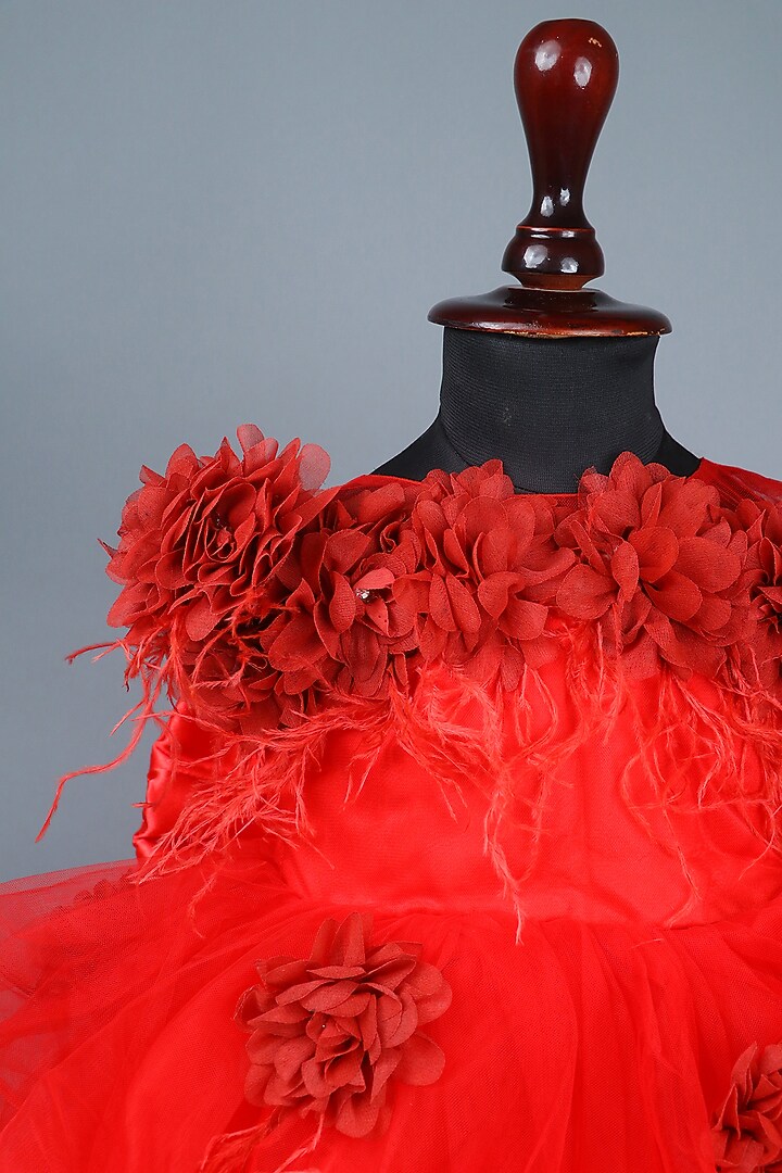 Red Soft Net & Organza Floral Layered Dress For Girls by Devykids at Pernia's Pop Up Shop