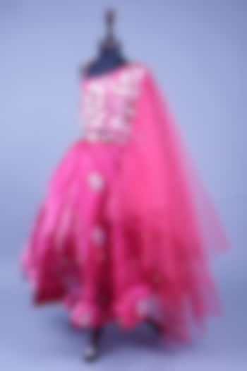 Rani Pink Rich Satin & Silk Floral Embroidered Lehenga Set For Girls by Devykids at Pernia's Pop Up Shop