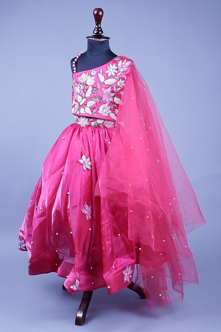 Rani Pink Rich Satin & Silk Floral Embroidered Lehenga Set For Girls by Devykids at Pernia's Pop Up Shop