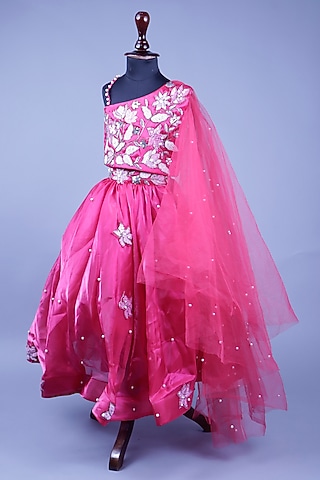 Rani Pink Rich Satin & Silk Floral Embroidered Lehenga Set For Girls by Devykids