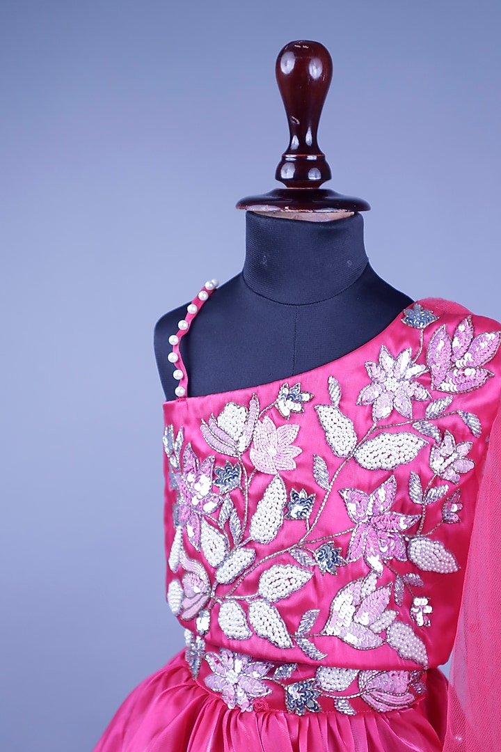 Rani Pink Rich Satin & Silk Floral Embroidered Lehenga Set For Girls by Devykids at Pernia's Pop Up Shop