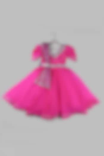 Deep Pink Satin & Silk Embellished Anarkali Set For Girls by Devykids at Pernia's Pop Up Shop
