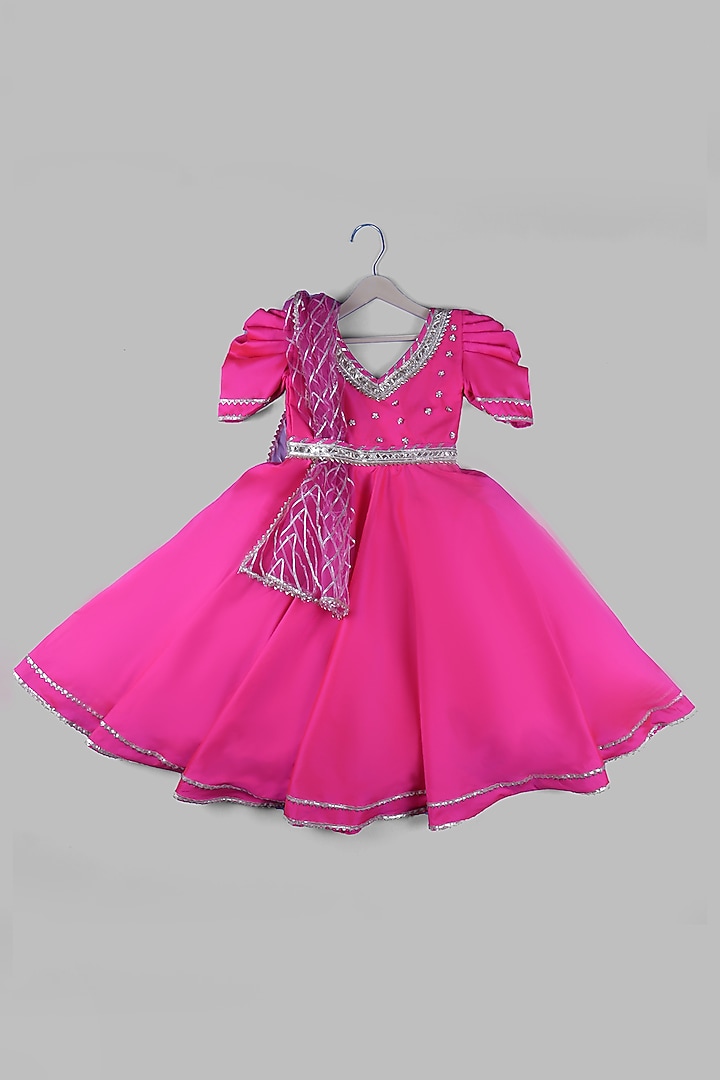 Deep Pink Satin & Silk Embellished Anarkali Set For Girls by Devykids at Pernia's Pop Up Shop