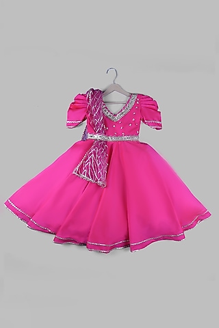 Deep Pink Satin & Silk Embellished Anarkali Set For Girls by Devykids