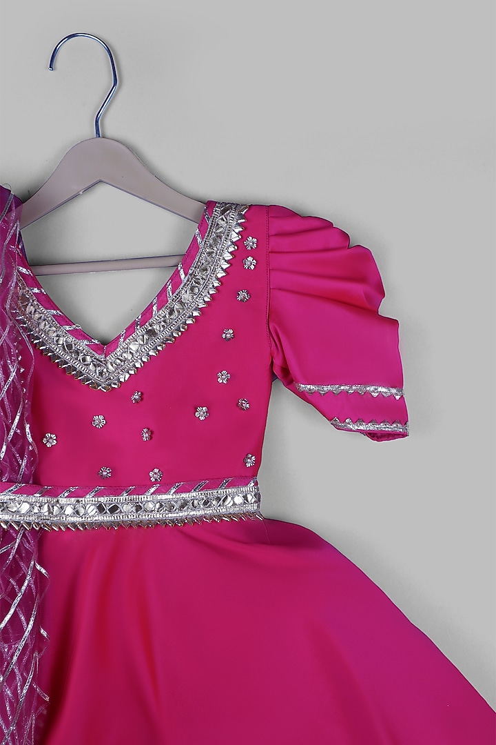 Deep Pink Satin & Silk Embellished Anarkali Set For Girls by Devykids at Pernia's Pop Up Shop