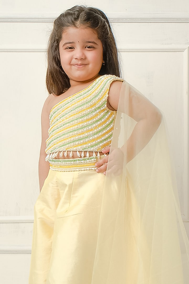 Pastel Yellow Taffeta Palazzo Pant Set For Girls by Devykids at Pernia's Pop Up Shop