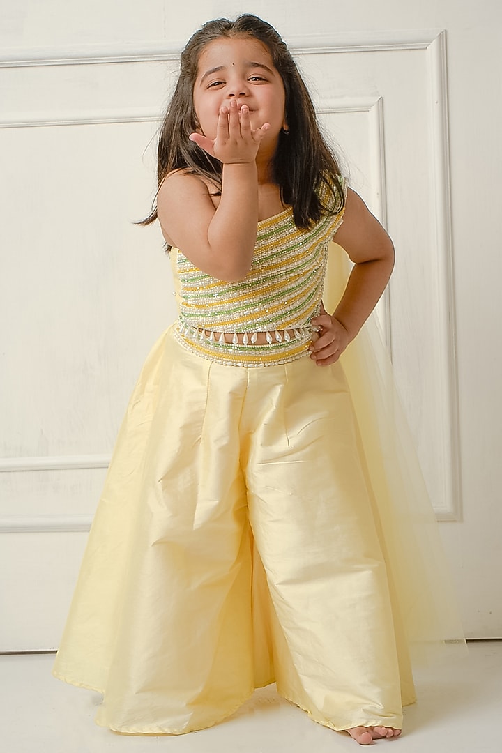 Pastel Yellow Taffeta Palazzo Pant Set For Girls by Devykids at Pernia's Pop Up Shop