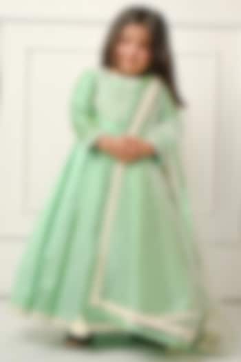 Pastel Green Taffeta Anarkali With Dupatta For Girls by Devykids at Pernia's Pop Up Shop