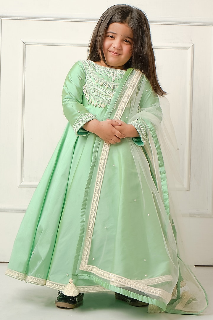 Pastel Green Taffeta Anarkali With Dupatta For Girls by Devykids at Pernia's Pop Up Shop