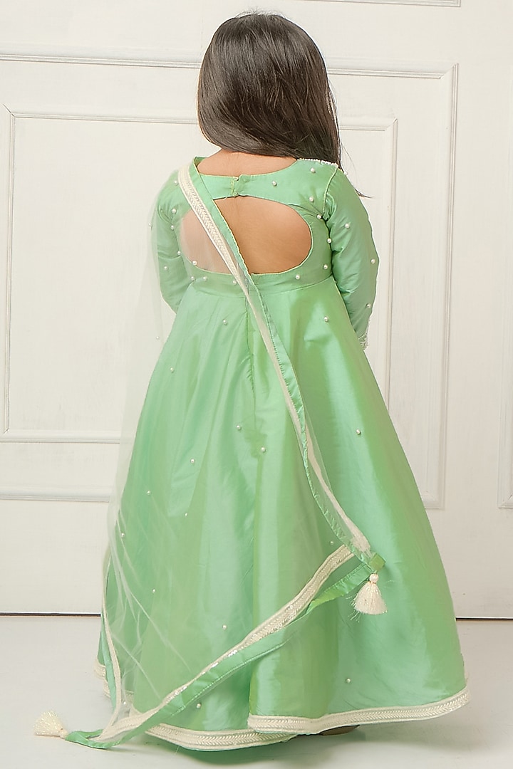 Pastel Green Taffeta Anarkali With Dupatta For Girls by Devykids at Pernia's Pop Up Shop